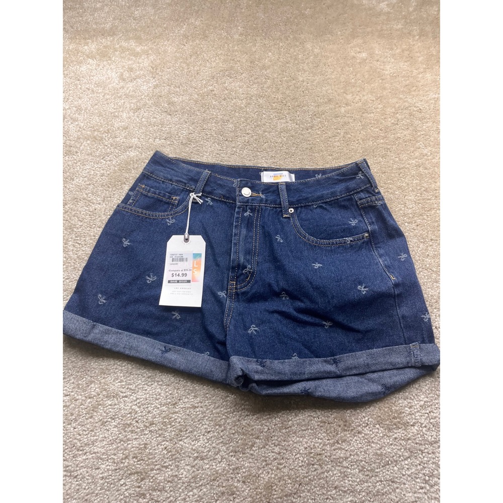 April Kiss Los Angeles Women Embroidered Bow Denim Shorts Dark Wash Size 9